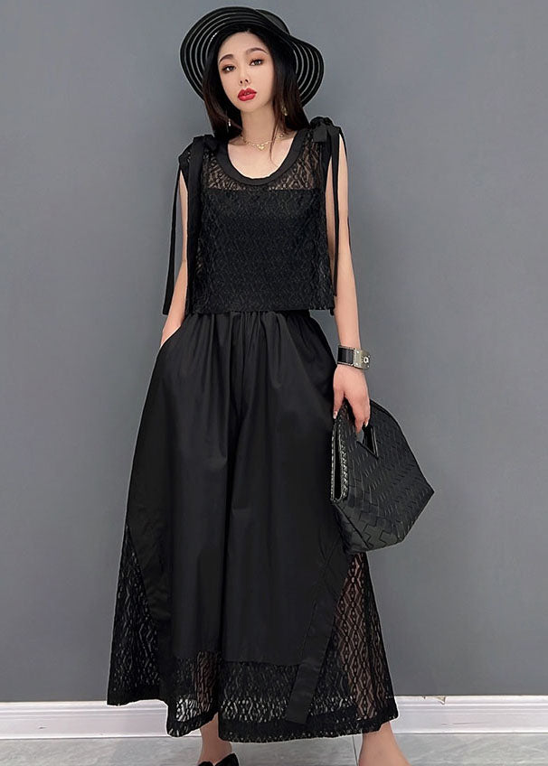 Fashion Black O-Neck Hollow Out Lace Patchwork Cotton Vest Tops And Wide Leg Pants Two Pieces Set Summer