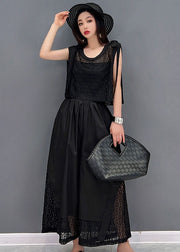 Fashion Black O-Neck Hollow Out Lace Patchwork Cotton Vest Tops And Wide Leg Pants Two Pieces Set Summer