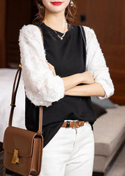 Fashion Black O Neck Patchwork Cotton Blouse Top Fall