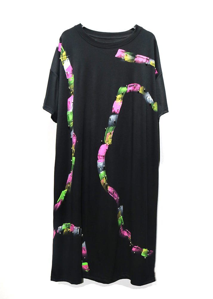 Fashion Black O Neck Print Nail Bead Cotton Dress Summer