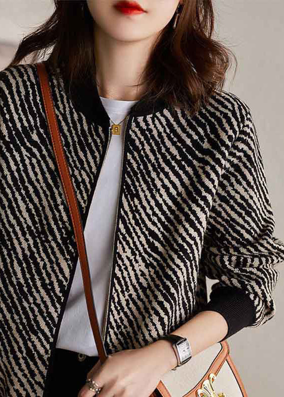 Fashion Black O-Neck Zippered Striped Knit Coat Long Sleeve