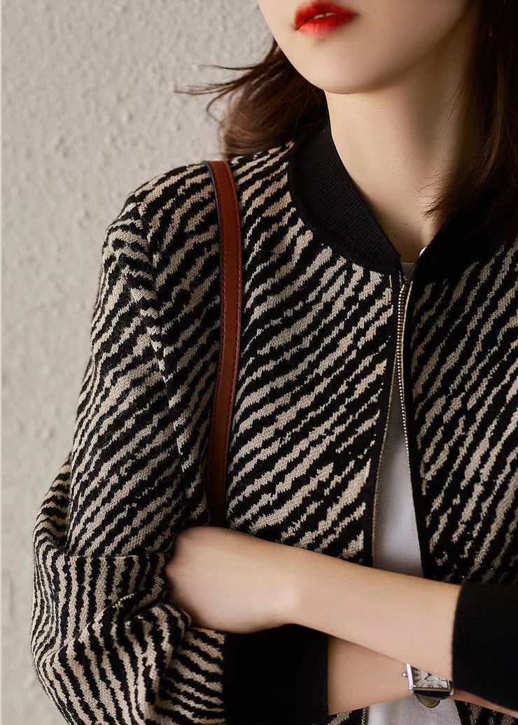 Fashion Black O-Neck Zippered Striped Knit Coat Long Sleeve