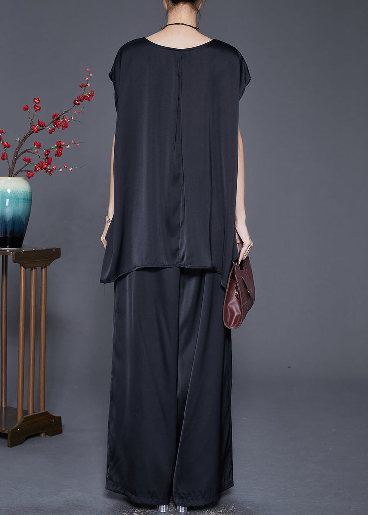 Fashion Black Oversized Draping Ice Silk Two Pieces Set Sleeveless