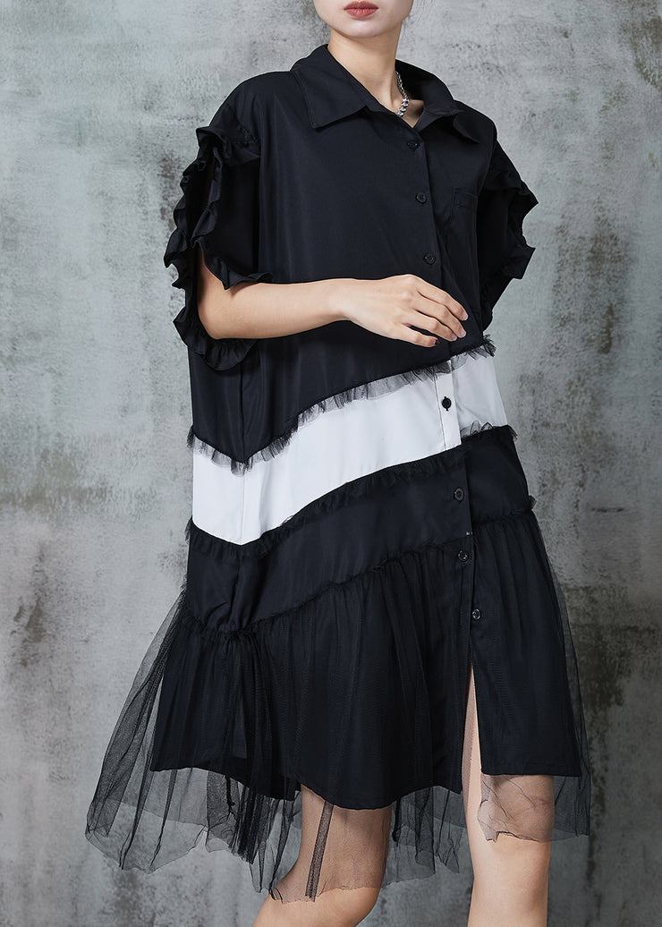 Fashion Black Oversized Patchwork Cotton Dress Petal Sleeve