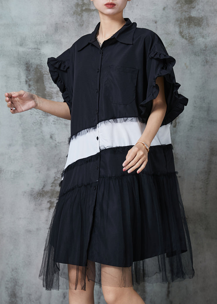 Fashion Black Oversized Patchwork Cotton Dress Petal Sleeve