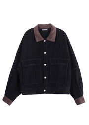 Fashion Black Peter Pan Collar Corduroy Patchwork Button Denim Coats Fall