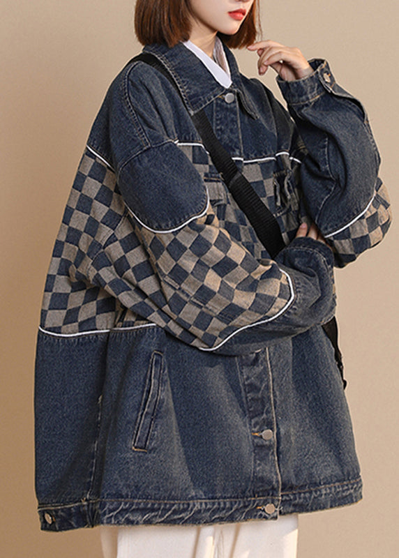 Fashion Black Peter Pan Collar Plaid Patchwork Button Cotton Denim Coat Fall