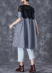 Fashion Black Plaid Patchwork Hollow Out Linen Dress Summer