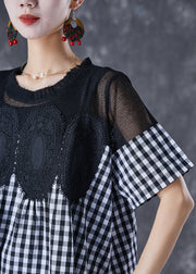 Fashion Black Plaid Patchwork Hollow Out Linen Dress Summer