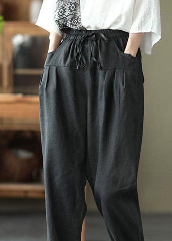 Fashion Black Pockets Patchwork Tie Waist Linen Pants Summer