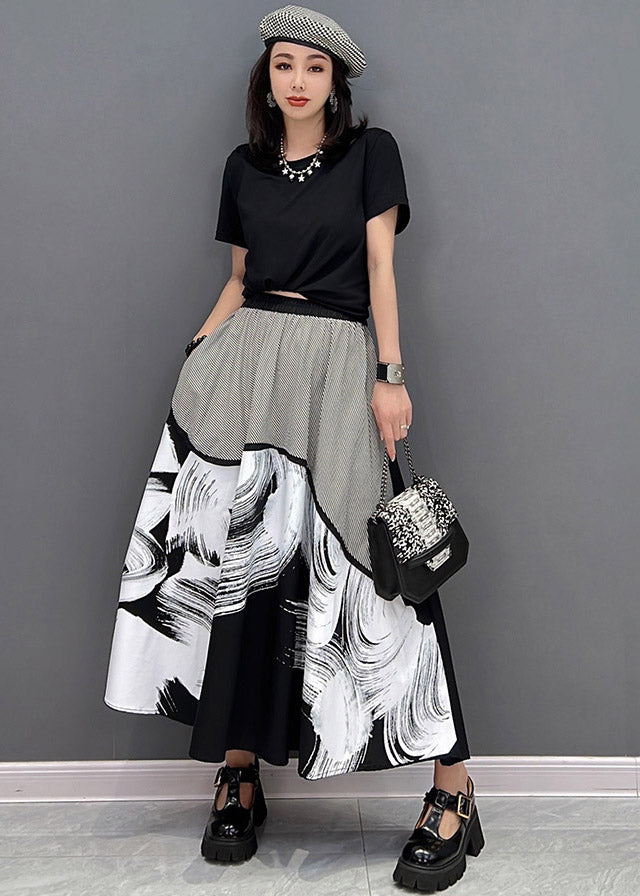 Fashion Black Pockets Print Patchwork Skirts Summer