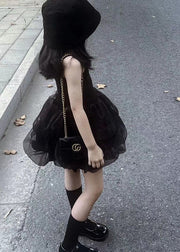 Fashion Black Ruffled Patchwork Tulle Kids Girls Robe Dresses Summer