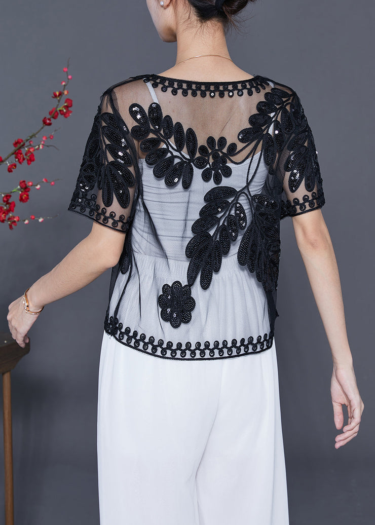 Fashion Black Sequins Embroideried Tulle Cardigans Summer