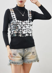 Fashion Black Sequins Vest And Shirts Cotton Two Piece Set Women Clothing Spring