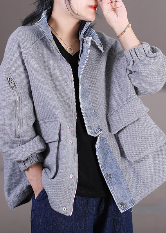 Fashion Black Stand Collar Zippered Button Pockets Denim Patchwork Coats Long Sleeve