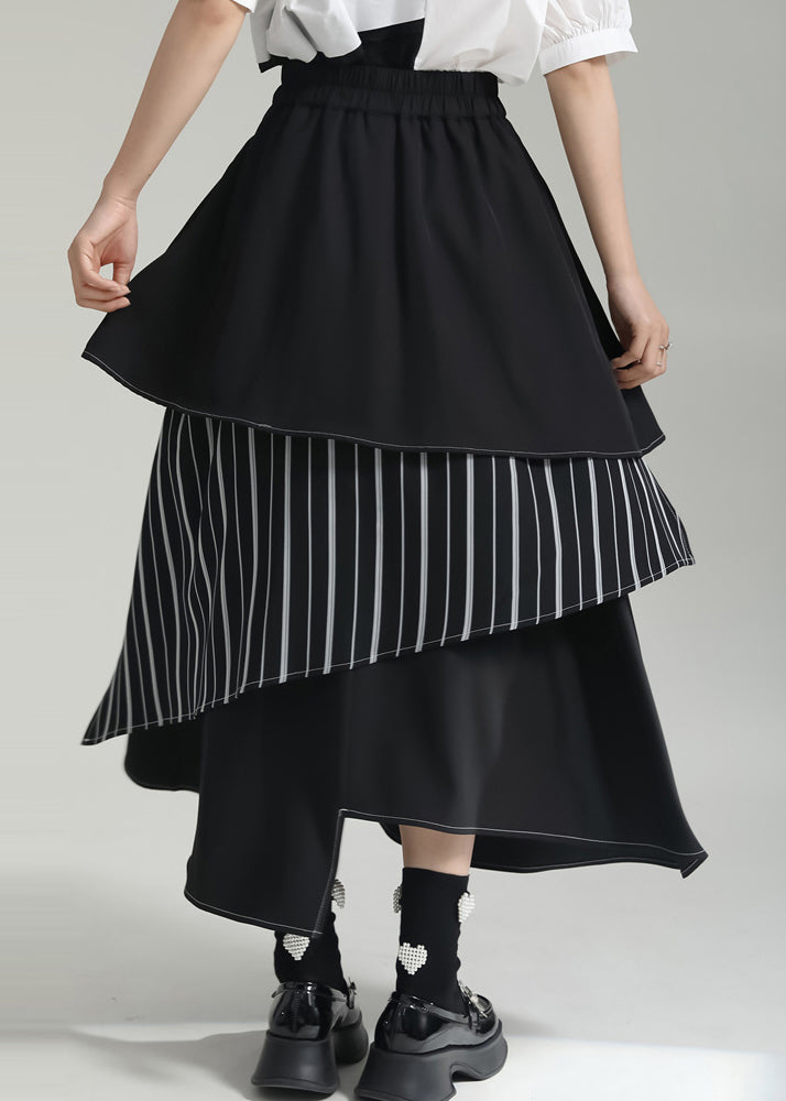 Fashion Black Striped Asymmetrical Patchwork Cotton Skirts Summer