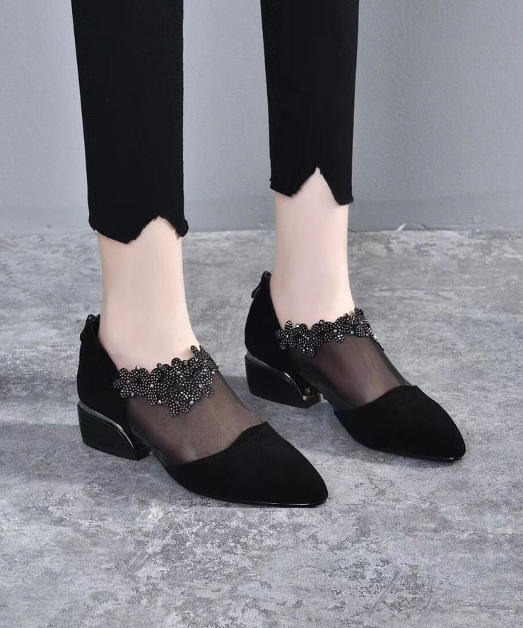 Fashion Black Suede Tulle Splicing Zircon High Heels