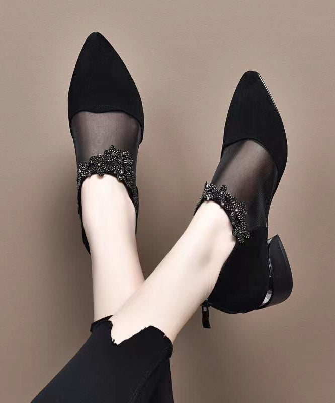 Fashion Black Suede Tulle Splicing Zircon High Heels