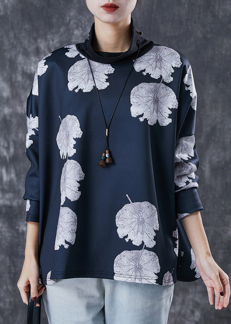 Fashion Black Turtle Neck Lotus Leaf Print Spandex Top Spring