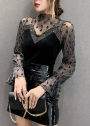 Fashion Black Turtleneck Print Wrinkled Tulle Patchwork Velour Top Bottoming Shirt