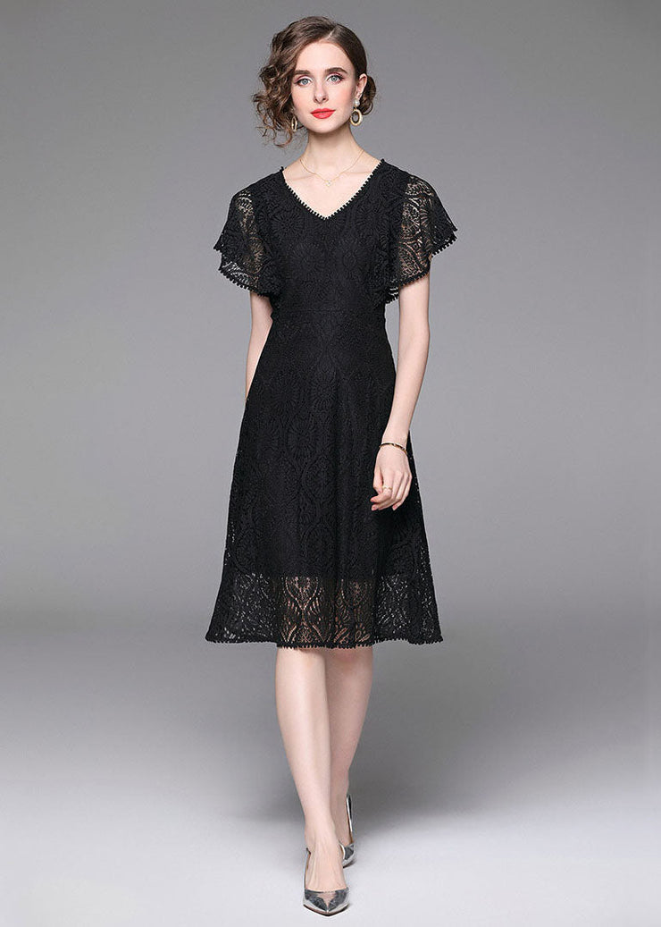 Fashion Black V Neck Hollow Out Patchwork Lace Mid Dress Butterfly Sleeve