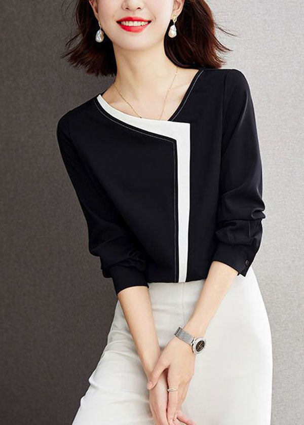 Fashion Black V Neck Patchwork Chiffon Shirt Top Long Sleeve