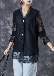 Fashion Black V Neck Patchwork Lace Shirt Fall