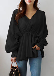 Fashion Black V Neck Wrinkled Patchwork Cotton Shirts Tops Lantern Sleeve