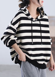 Fashion Black White Striped Hooded Drawstring Cotton Sweatshirts Top Long Sleeve