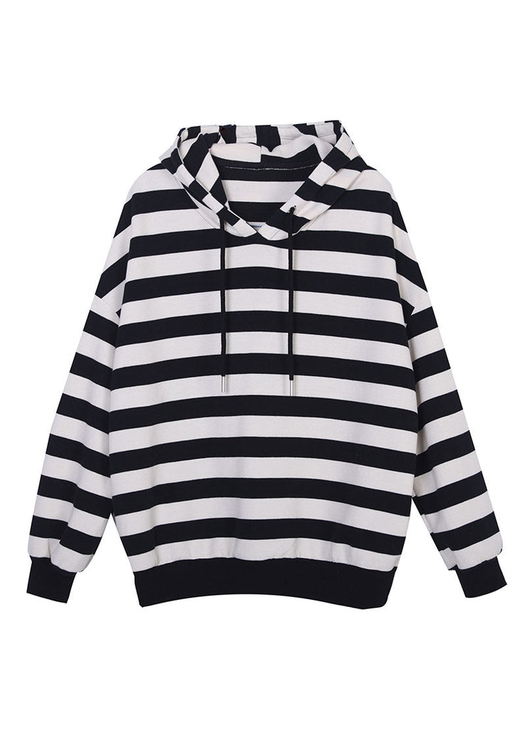 Fashion Black White Striped Hooded Drawstring Cotton Sweatshirts Top Long Sleeve