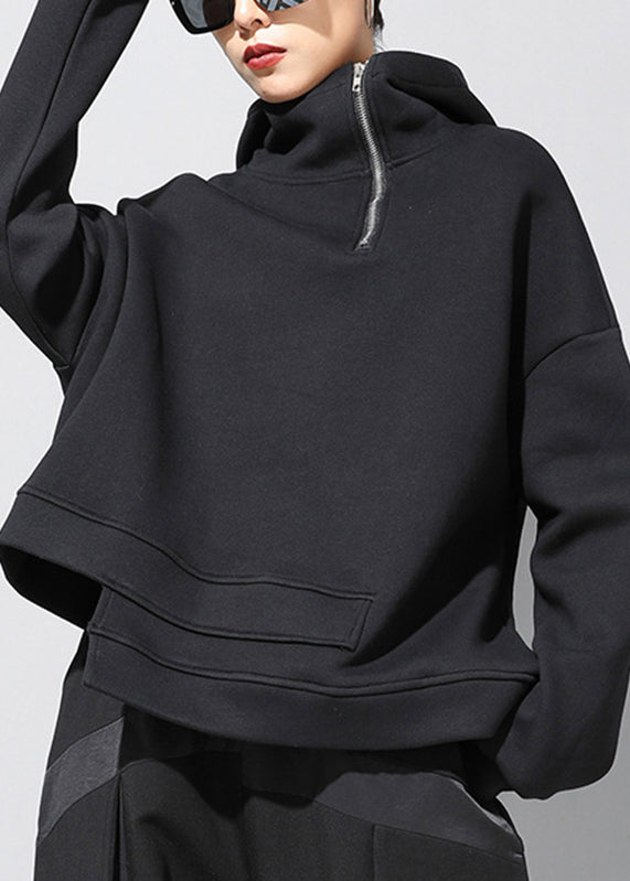 Fashion Black Zip Up Patchwork Warm Fleece Hooded Sweatshirt Long Sleeve