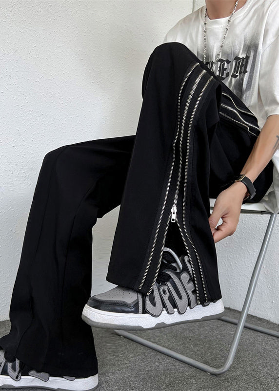 Fashion Black Zip Up Pockets Patchwork Cotton Wide Leg Men Pants Fall