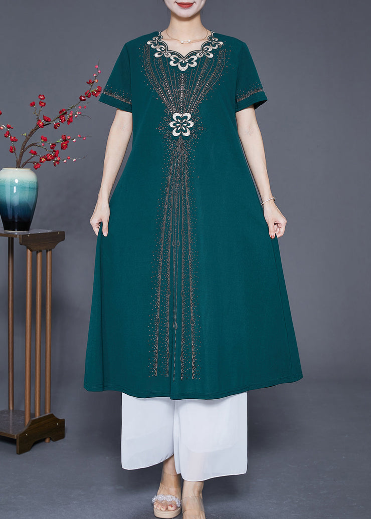 Fashion Blackish Green Embroideried Zircon Chiffon Maxi Dresses Summer