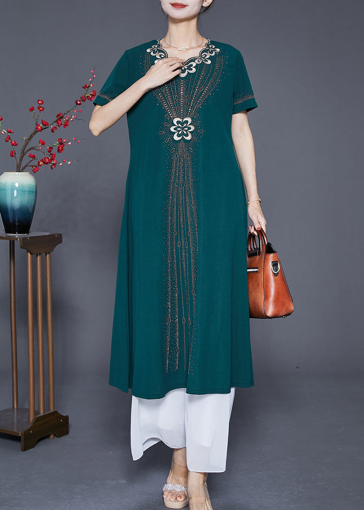 Fashion Blackish Green Embroideried Zircon Chiffon Maxi Dresses Summer