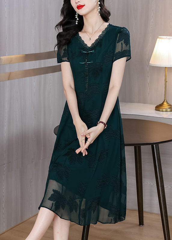 Fashion Blackish Green V Neck Embroidered Chiffon Long Dress Summer