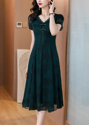 Fashion Blackish Green V Neck Embroidered Chiffon Long Dress Summer