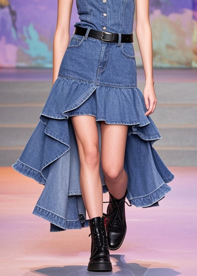 Fashion Blue Asymmetrical Patchwork Denim Wraped Skirts Spring