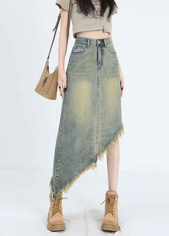 Fashion Blue Asymmetrical Tasseled Denim Skirt Summer