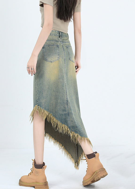 Fashion Blue Asymmetrical Tasseled Denim Skirt Summer