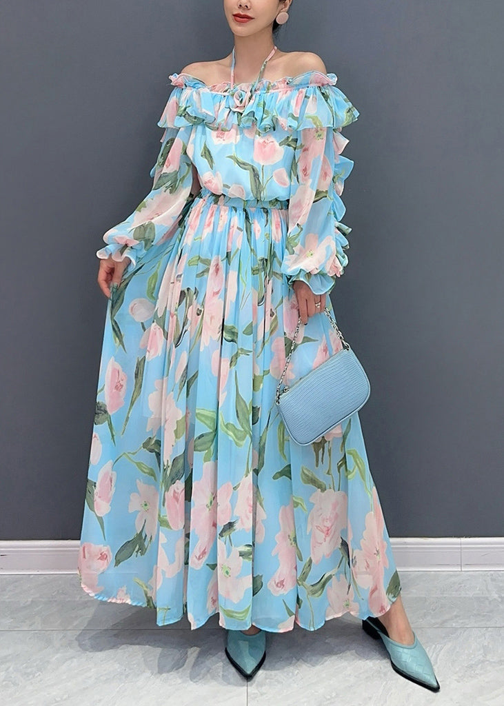 Fashion Blue Cold Shoulder Ruffled Patchwork Chiffon Dresses Long Sleeve