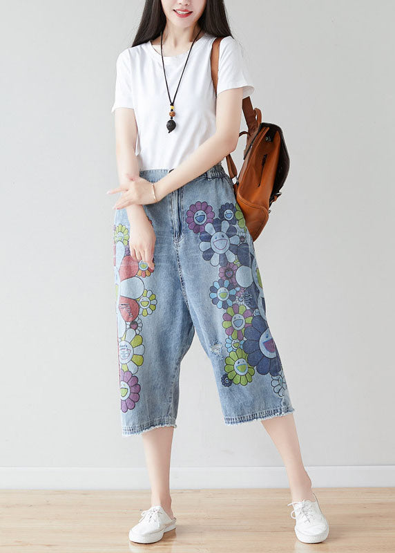 Fashion Blue Elastic Waist Oversized Print Cotton Wide Leg Pants Spring