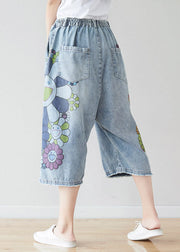 Fashion Blue Elastic Waist Oversized Print Cotton Wide Leg Pants Spring