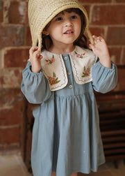 Fashion Blue Embroideried Patchwork Girls Long Dress Fall