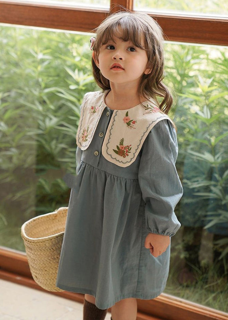 Fashion Blue Embroideried Patchwork Girls Long Dress Fall