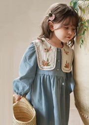 Fashion Blue Embroideried Patchwork Girls Long Dress Fall