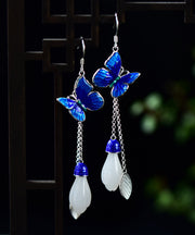 Fashion Blue Floral Paitings Silver Gem Stone Drop Earrings