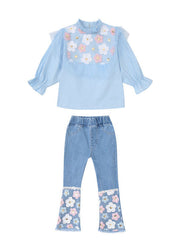 Fashion Blue Floral Ruffled Cotton Tops And Denim Pants Baby Girls Two Pieces Set Fall