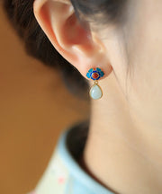 Fashion Blue Floral Sterling Silver Jade Jadeite Stud Earrings