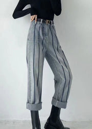 Fashion Blue High Waist Striped Patchwork Jeans Spring