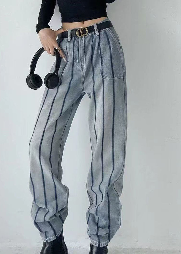 Fashion Blue High Waist Striped Patchwork Jeans Spring